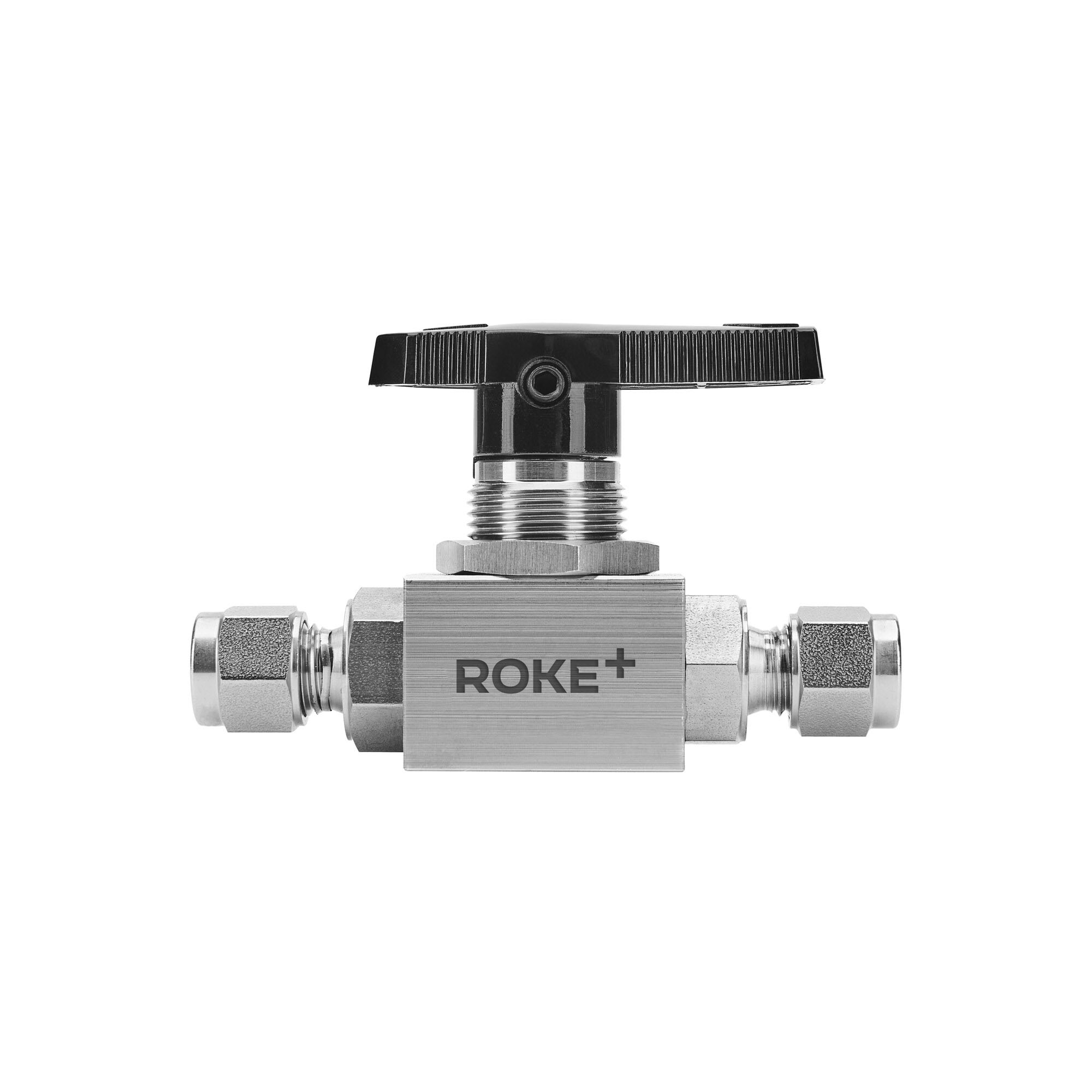 ROKE+ stainless steel ball valve, signature product photography