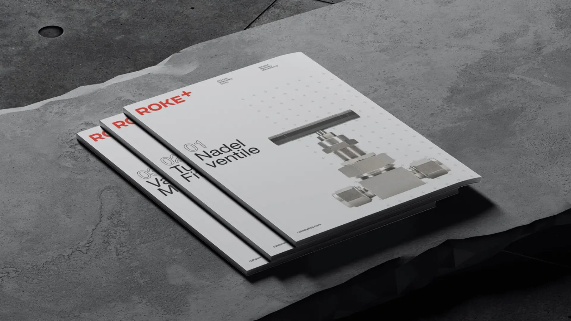 ROKE+ Swiss product catalogue cover – industrial B2B brand design