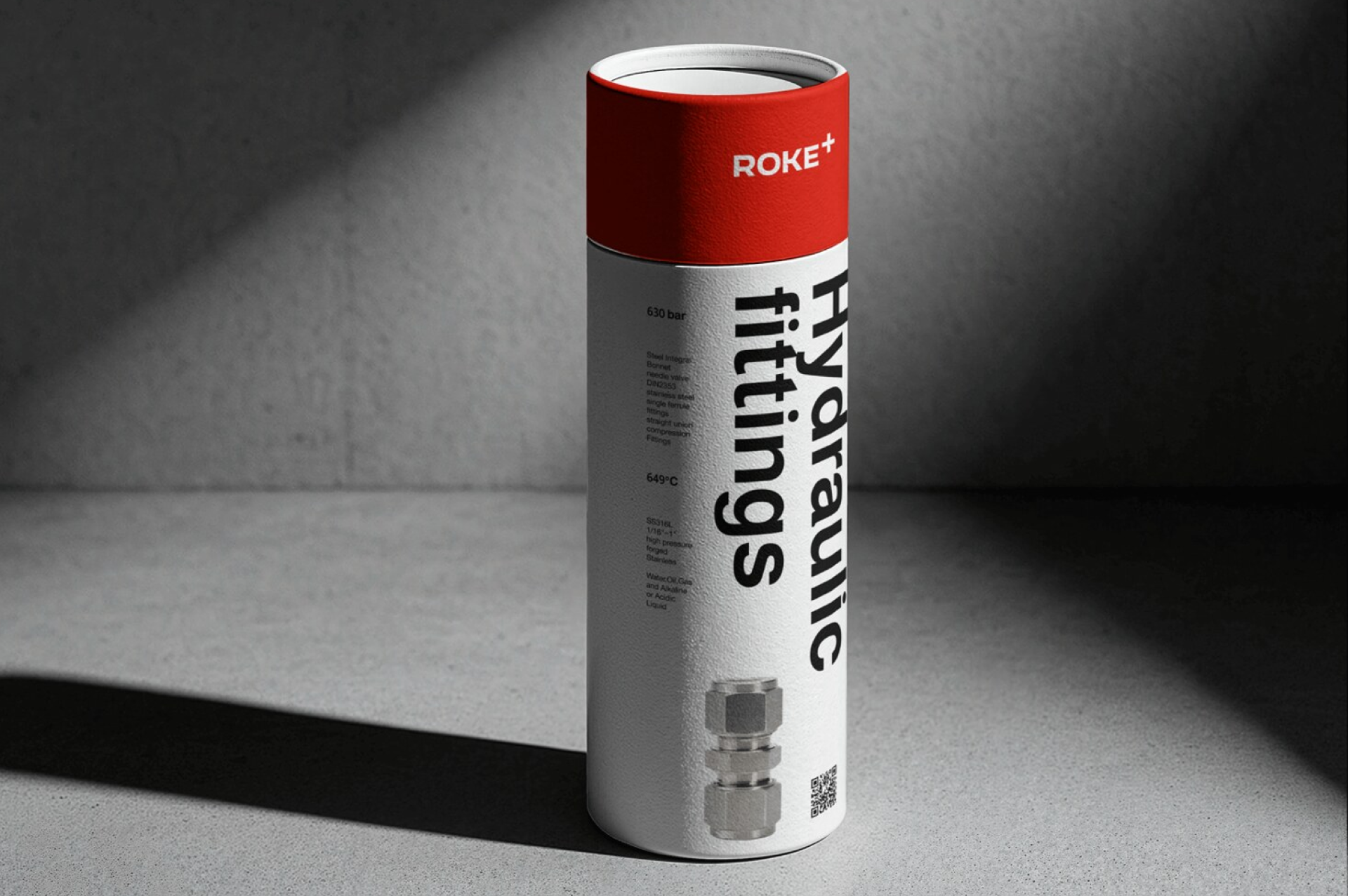 ROKE+ Swiss product packaging design – industrial fitting box and label