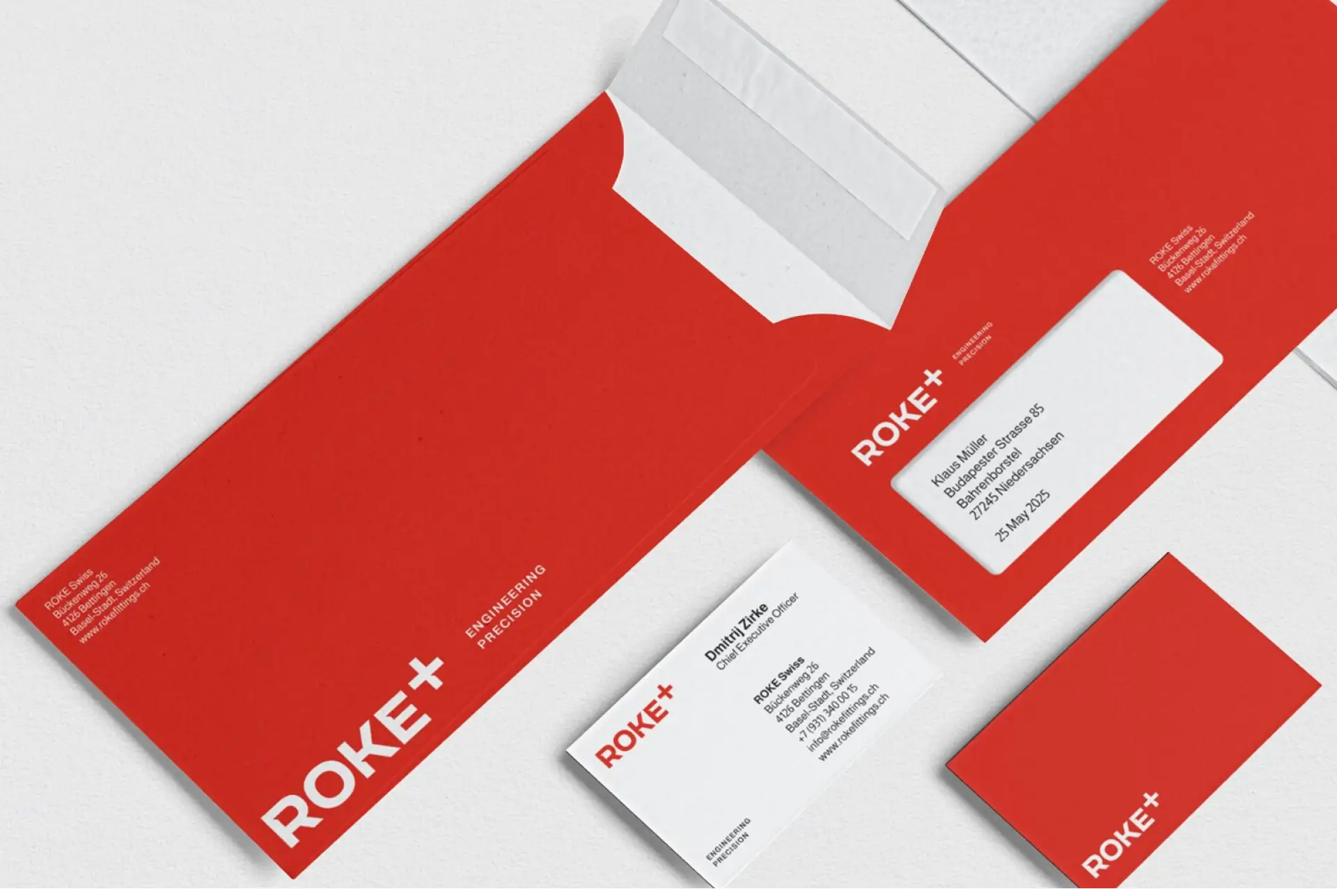 ROKE+ Swiss corporate stationery – letterhead, business cards, envelope