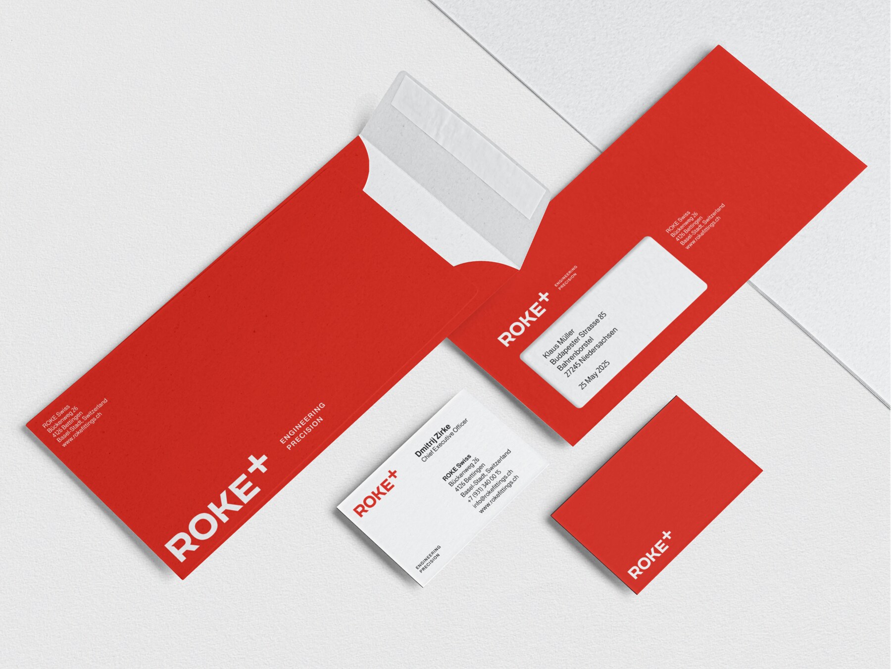 ROKE+ stationery system — letterhead, envelopes, business cards